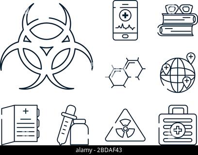 simbolo di rischio biologico con icona scienza, farmaco e indagine su sfondo bianco, stile linea, illustrazione vettoriale Illustrazione Vettoriale