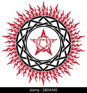 Segno magico nero, pentagramma e fuoco Illustrazione Vettoriale