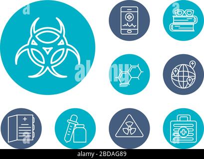 simbolo di rischio biologico con icona scienza, farmaco e indagine su sfondo bianco, stile blocco, illustrazione vettoriale Illustrazione Vettoriale