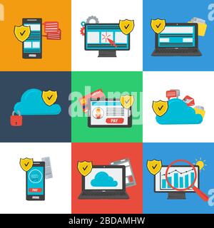 Icone di protezione dati impostate su sfondo colorato Illustrazione Vettoriale