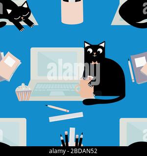 Vector carino notebook e cartone animato gatto sfondo senza cuciture pattern. Linea nera che interrompe il flusso di lavoro degli uffici aziendali. Divertente sfondo blu disegnato a mano. Tutti Illustrazione Vettoriale