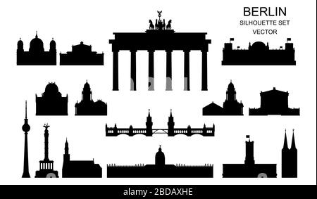 Set vettoriale di silhouette dei punti di riferimento di Berlino, Germania. Illustrazione nera isolata su bianco. Concetto di viaggio a Berlino. Illustrazione orizzontale della terra principale Illustrazione Vettoriale