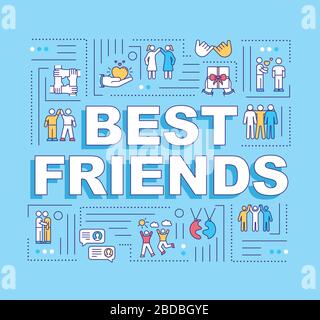 Banner dei concetti di parola dei migliori amici. Amicizia, affettuosa. Relazioni interpersonali. Infografica con icone lineari su sfondo blu. Isolato Illustrazione Vettoriale