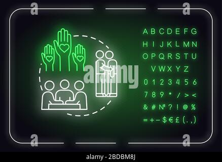 Icona del concetto di luce al neon di supporto. Aiutare e la cura dei problemi degli amici. Idea di conforto del compagno. Segno luminoso esterno con alfabeto, numeri e. Illustrazione Vettoriale