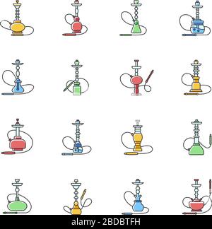 Set di icone colore RGB hookah. Sheesha bar. Accessori Hooka. Area fumo. Vapore, evaporazione. Opzione tabacco. Sala araba. Accessori per narghilè orientale Illustrazione Vettoriale