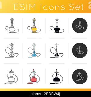 Set icone hookah. Narghilè con filo. Sheesha casa. Salotto nargile. Odore dal tubo. Profumo di vaporizzazione. Area fumatori. Colore lineare, nero e RGB Illustrazione Vettoriale