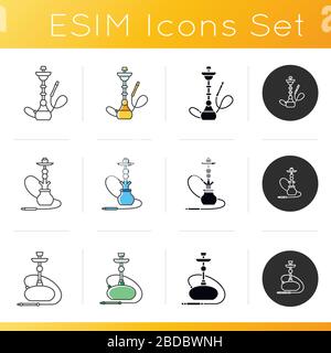 Set icone hookah. Cerimonia utensil. Sheesha casa. Salotto nargile. Odore dal tubo. Profumo di vaporizzazione. Area fumatori. Colore lineare, nero e RGB Illustrazione Vettoriale