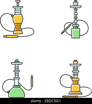 Set di icone colore verde e giallo di Hookah RGB. Opzione Nargila. Sheesha casa. Souvenir popolare. Profumo di vaporizzazione. Area fumatori. Accessori per Illustrazione Vettoriale