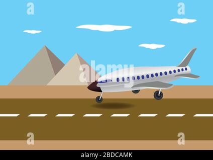 Illustrazione vettoriale di un aeroplano che si ritira su una pista con piramidi egiziane sullo sfondo Illustrazione Vettoriale