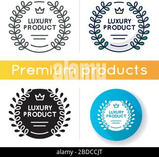 Icona prodotto di lusso. Stili di colore nero e RGB lineari. Brand equity, prestigioso status aziendale. Emblema prodotto premium con corona e corona di alloro Illustrazione Vettoriale