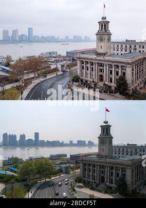 (200408) -- WUHAN, 8 aprile 2020 (Xinhua) -- Foto combinata aerea mostra la Casa doganale di Hankow a Wuhan, provincia di Hubei della Cina centrale il 26 gennaio 2020 (in alto) e il 8 aprile 2020. Con lunghe file di automobili che passano attraverso i caselli autostradali e passeggeri mascherati che salpano sui treni, la megalopoli di Wuhan nella Cina centrale ha eliminato le restrizioni sui viaggi in uscita mercoledì dopo quasi 11 settimane di blocco imposto per arginare l'epidemia COVID-19 (Xinhua/Xiong Qi) Foto Stock