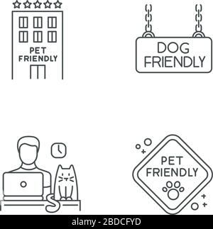 PET friendly companies pixel Perfect linear Icons set. Gli amici a quattro zampe hanno permesso hotel e uffici. Simboli di contorno a linea sottile personalizzabili Illustrazione Vettoriale