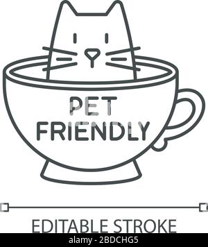 Icona lineare perfetta per i pixel del caffè Cat friendly. Il gattino ha permesso lo stabilimento di servizio di cibo. Illustrazione personalizzabile a linee sottili. Simbolo contorno. Vettore Illustrazione Vettoriale