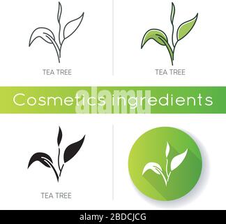 Icona dell'albero del tè. Componente del prodotto per la cura della pelle. Bellezza biologica. Umidità di erbe. Olio essenziale. Ingrediente cosmetico naturale. Nero lineare e colore RGB Illustrazione Vettoriale