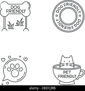 Le aree compatibili con i cani e i gatti emblema il set di icone lineari perfette per i pixel. Kitty e doggy benvenuto. Simboli di contorno a linea sottile personalizzabili. Vettore isolato Illustrazione Vettoriale