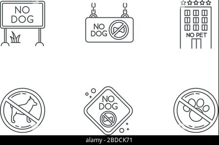 PET non consentito emblema pixel Perfect icone lineari impostate. Amici a quattro zampe vietati e aree di benvenuto. Simboli di contorno a linea sottile personalizzabili. Isolato Illustrazione Vettoriale