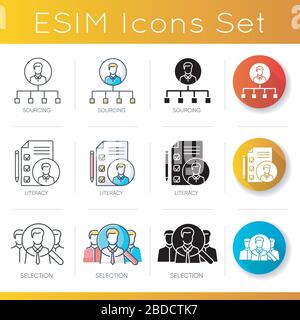Set di icone di reclutamento. Stili di colore lineari, neri e RGB. Alfabetizzazione e selezione del reperimento. Headhunting professionale. Ricerca dipendenti aziendali Illustrazione Vettoriale