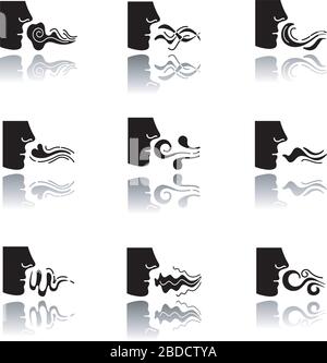 Profumo odore naso goccia ombra nero glyph icone set. Persona che sniffing buon e cattivo odore. Puzzolente puzzolente. Flusso di evaporazione. I fumi si vorticano. Isolato Illustrazione Vettoriale