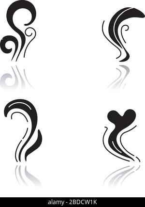 Buone e cattivo odore goccia ombra glyph nero icone impostare. Odore stinky. Liquido di forma del cuore, profumo profumo. Curve di fragranza aromatica. Flusso di fumo, fumi Illustrazione Vettoriale
