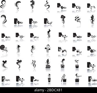 Set di icone glyph nero ombra goccia odore. Vapore alimentare caldo. Profumo odore di naso umano. Forma del flusso di evaporazione. Fragranza aromatica, fluida. Smog, fumo Illustrazione Vettoriale