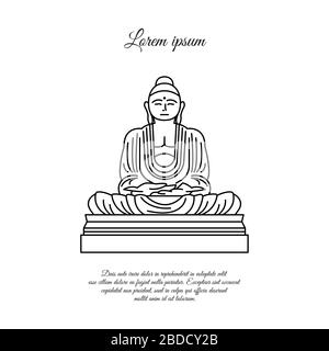 Icona della linea della statua del Buddha. Segno di stile lineare per il concetto mobile e il disegno di fotoricettore. Buddha in posizione di meditazione icona del vettore di contorno. Simbolo buddismo, logo Illustrazione Vettoriale