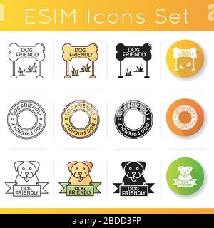 Le aree compatibili con i cani e i gatti sono emblematici del set di icone. Gli amici a quattro zampe hanno permesso i segni dei territori. Kitty e doggy benvenuto. Colore lineare, nero e RGB Illustrazione Vettoriale