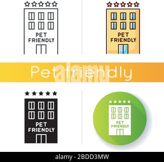 Icona dell'esterno del motel in cui sono ammessi gli animali domestici. Gli animali domestici sono benvenuti in un hotel a cinque stelle. Gatti e cani ammessi ostello, zona di benvenuto. Nero lineare e colore RGB Illustrazione Vettoriale