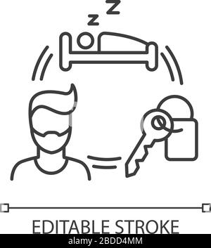 Affittare una camera d'albergo per un breve periodo pixel Perfect Linear Icon. Struttura di alloggiamento. Servizio di noleggio. Illustrazione personalizzabile a linee sottili. Simbolo contorno Illustrazione Vettoriale