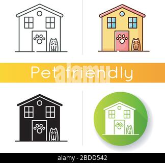 Icona del cartello esterno del rifugio per animali. Casetta di cani e gatti randagi, posto di cura degli animali senza casa. Kitty e doggy area di benvenuto. Nero lineare e colore RGB Illustrazione Vettoriale