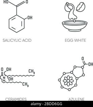 Set di icone lineari Perfect pixel ingrediente cosmetico. Acido salicilico. Bianco uovo. Formula delle ceramidi. Simboli di contorno a linea sottile personalizzabili. Isolato Illustrazione Vettoriale