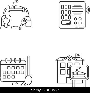 Hostel pixel perfetto icone lineari set. Affitto camera per notte. Interfono. Sicurezza. Programma di pulizia. Simboli di contorno a linea sottile personalizzabili. Isolato Illustrazione Vettoriale