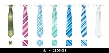 Scollo a righe in seta con set di texture. Set cravatta uomo-colore. Tie mockup con diversi motivi di moda. Illustrazione vettoriale Illustrazione Vettoriale