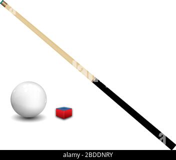 Biliardo (snooker) palla con stecca e gesso su sfondo bianco. Illustrazione vettoriale. Illustrazione Vettoriale