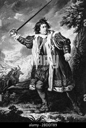 David Garrick come Richard III, 1771. Di Samuel William Reynolds (1773-1835) dopo Nathaniel Dance-Holland (1735-1811). Influente attore inglese, drammaturgo, direttore teatrale e produttore David Garrick (1717-1779) come Richard III di William Shakespeare, 1771. Foto Stock