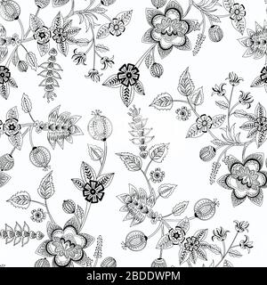 Motivo floreale senza cuciture. Carta da parati decorativa vector indian. batik indonesia. Motivo bianco-nero con fiori stilizzati. Design per la carta da imballaggio Illustrazione Vettoriale