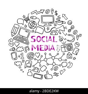 Doodles dei social media con lettere. Tecnologia informatica icone disegnate a mano. Illustrazione vettoriale. Illustrazione Vettoriale