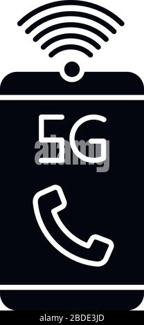 Icona a forma di glifo nero della rete mobile 5G. Standard migliorato per le chiamate telefoniche e i messaggi vocali. Comunicazione. Tecnologia wireless. Simbolo della silhouette su bianco Illustrazione Vettoriale