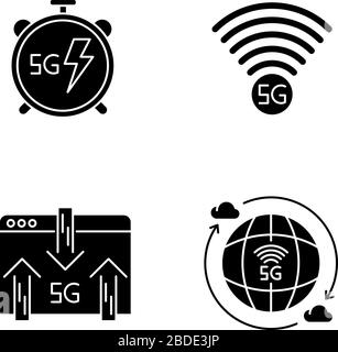 Tecnologia wireless 5G icone di glifo nero impostate sullo spazio bianco. Velocità elevata. Connessione a bassa latenza. Indicatore di segnale. Scambio di dati. Cellulare Illustrazione Vettoriale