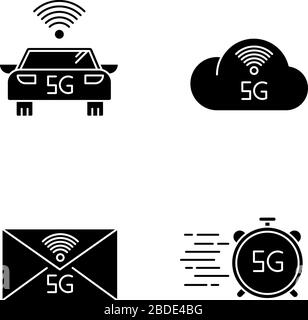 Tecnologia wireless 5G icone di glifo nero impostate sullo spazio bianco. Veicolo intelligente. Velocità elevata. Cloud computing. Messaggistica migliorata. Rete cellulare mobile Illustrazione Vettoriale