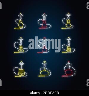 Set icone luci al neon Hookah. Narghilè con filo. Sheesha casa. Salotto nargile. Odore dal tubo. Profumo di vaporizzazione. Area fumatori. Segni con esterno Illustrazione Vettoriale