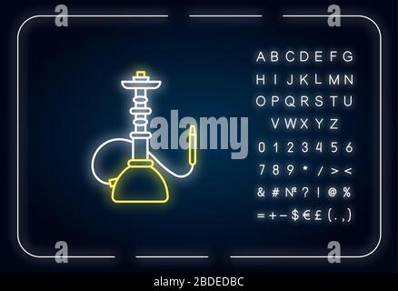 Icona della luce al neon di Hookah. Sheesha casa. Shisha bar per il tempo libero. Salotto nargile. Odore dal tubo. Effetto luminoso esterno. Firmare con l'alfabeto, i numeri e. Illustrazione Vettoriale