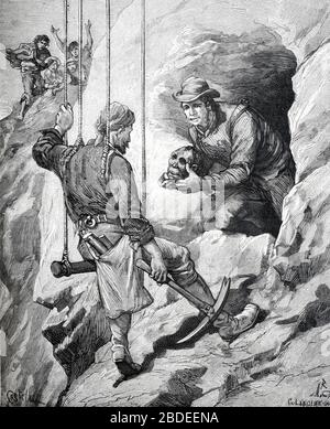 Esploratore austriaco-francese e scienziato Charles Wiener (1851-1913) esplorando la grotta funeraria e il luogo di sepoltura di defiling in Perù, mentre le persone indigene esasperate o peruviani guardare. Vintage o Old Illustration o Engraving 1887 Foto Stock