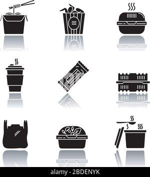 Pacchetti di cibo takeaway goccia ombra nero glyph icone set. Tagliatelle, secchio di ali. Hamburger, caffè da bere, bar, contenitore in plastica. Borsa con manici Illustrazione Vettoriale