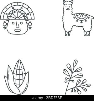 Perù pixel perfetto icone lineari set. Paese andino. Alpaca, incas, mais, coca. Incas tradizioni. Simboli di contorno a linea sottile personalizzabili. Isolato Illustrazione Vettoriale
