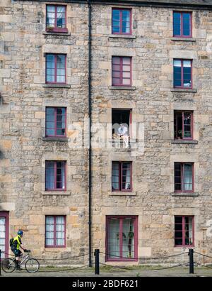 Leith, Edimburgo, Scozia, Regno Unito. 8 Aprile 2020. Covid-19 Lockdown: In uno dei giorni più caldi di sole finora quest'anno con persone in Lockdown. Un uomo e il suo cane siedono precariosamente in una finestra aperta del terzo piano nel magazzino cooperage convertito in appartamenti sulla Shore lungo l'acqua di Leith Foto Stock