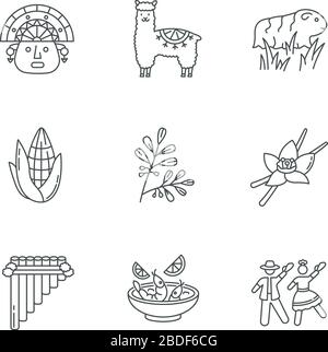 Perù pixel perfetto icone lineari set. Incas, alpaca, cavia, mais, coca, vaniglia, ceviche, marinera. Simboli di contorno a linea sottile personalizzabili Illustrazione Vettoriale