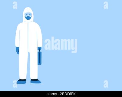 Illustrazione vettoriale in stile piatto con spazio vuoto per il testo. Stop Novel Coronavirus COVID-19 Concept. Medico, personale medico che indossa abiti bianchi con nocciola Illustrazione Vettoriale