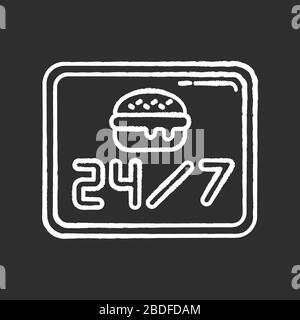 24 7 aprire l'icona di burger joint gesso bianco su sfondo nero. Ventiquattro sette cantine. Menu del ristorante tutti i giorni. 24 ore fast food. 24 ore su 24 Illustrazione Vettoriale