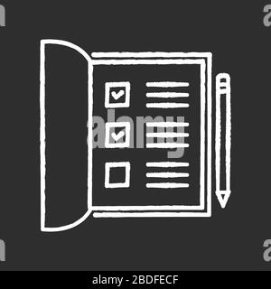 Aprire l'icona del notebook in gesso bianco su sfondo nero. Elenco con caselle di controllo contrassegnate. Modulo di prova completato. Contrassegnare le caselle per il sondaggio. Carte scolastiche. Compilare il rapporto Illustrazione Vettoriale