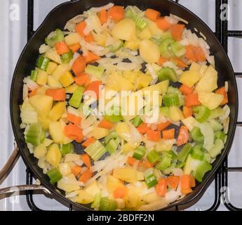 Soffriggere le verdure in una padella su una stufa prima di stufare Foto Stock